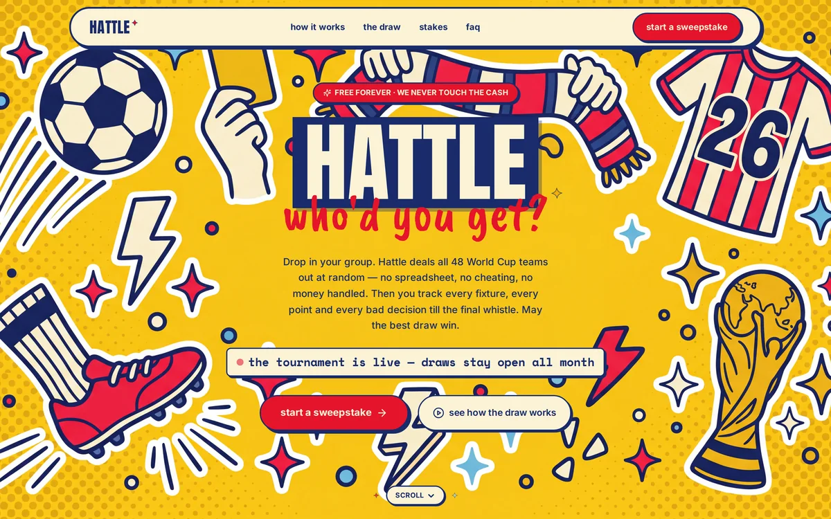 The Hattle homepage during the 2026 World Cup: a sticker wall around the HATTLE wordmark, the scribble who'd you get?, a Free forever badge and two buttons.